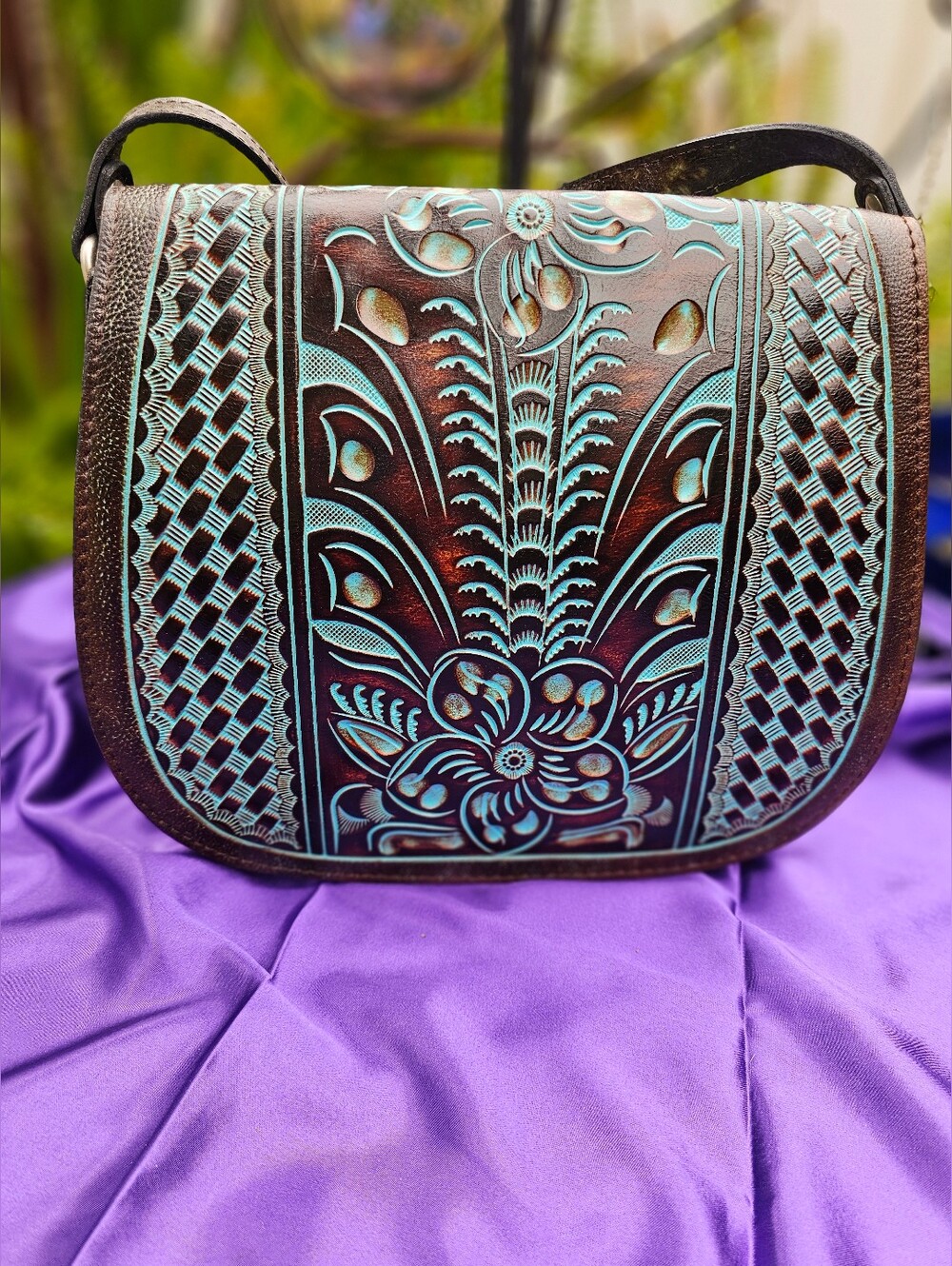 Patricia Nash Turquoise Tooled Leather Saddle Bag Floral Western Crossbody - Picture 2 of 12
